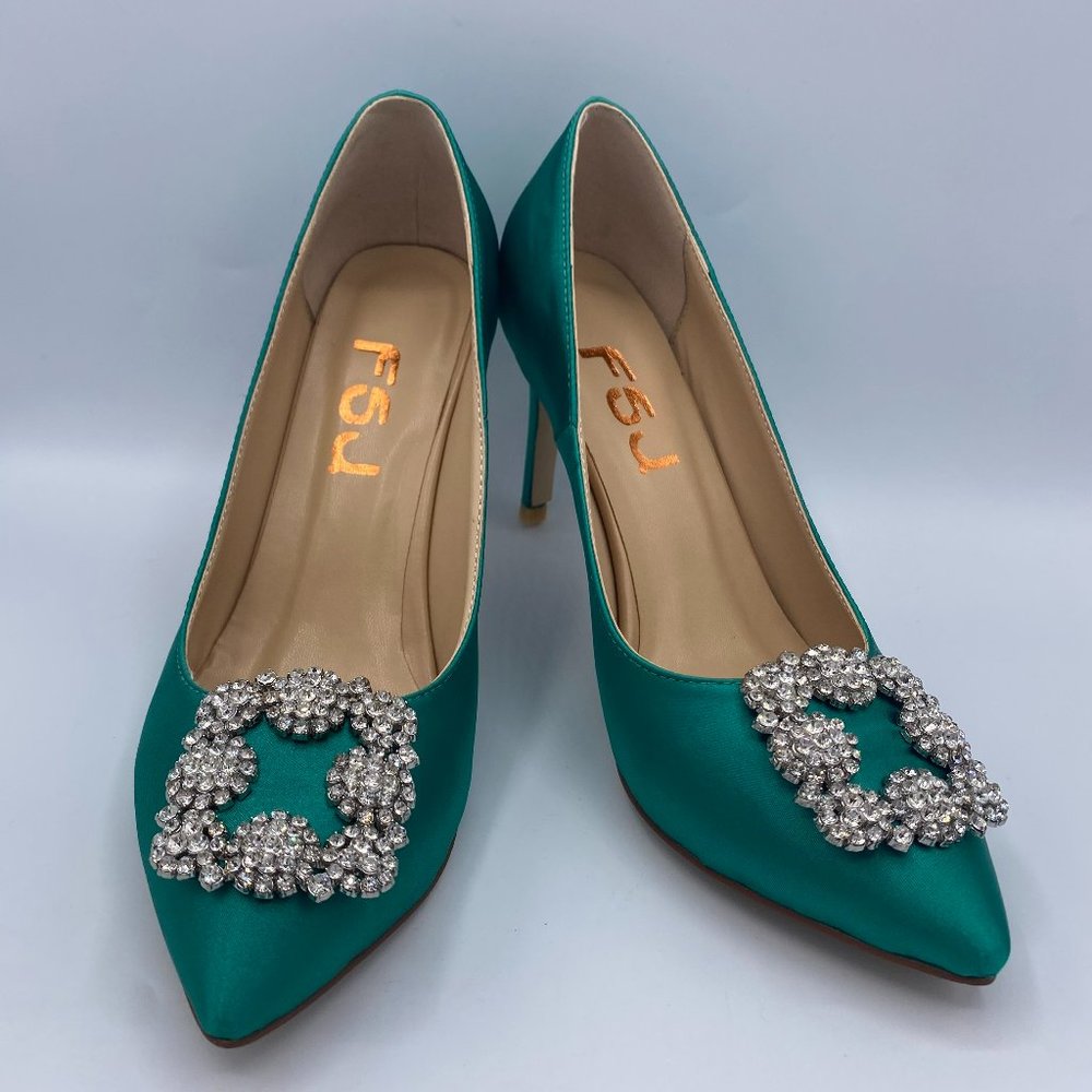 FSJ Jeweled Green Sation Rhinestone Stilettos Heel